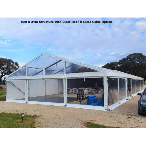 10m x 24m structure with clear roof and gable - another angle